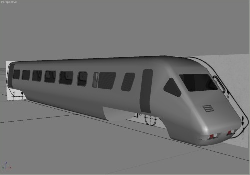 The lifting nose is now a separate object, complete with the light clusters cut in and the horn grille in place. The doors are now cut into the shell too, and are created as separate (animatable) objects - though they still need their windows cutting in.