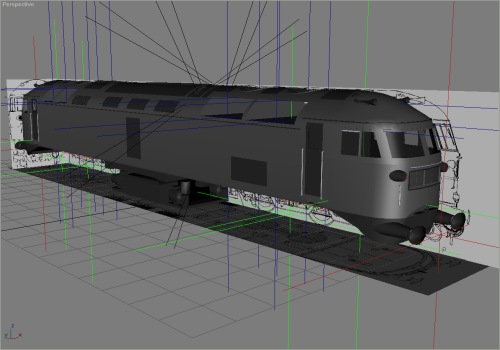 The bodyshell has received some attention too - the underframe is now nearly complete, only cables and pipework to add. (The fans and grilles which appear to be missing are built and animated, and are thus in separate source files.)