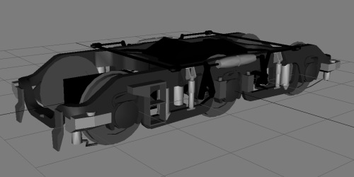 Thought it was about time I updated this page, so here's a shot of Kestrel's bogie as it looks at the moment. It is a little heavy on the polys at over 7K, but there's not much I can shave out - it seems to be 7K by merit rather than by wastefulness. I guess this is down to Brush putting all the brake rigging on the outside of the frame rather than the inside, and thus coming up with something that looks as complicated as it does.