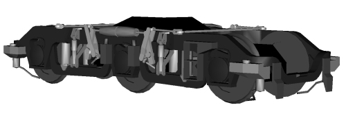 The external brake rigging is now complete, having at last found a good closeup of the original bogie with discernable details. Sadly, the complexity of that brake rigging has added ever more polygons though...